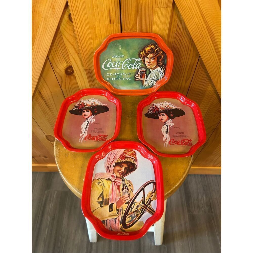 Vintage Graphic Design Coca Cola Trays Lot Of 4 Made In Hong Kong 6” x 7.5” Red